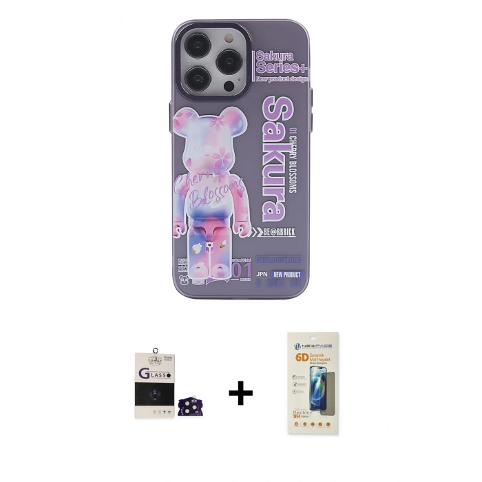 MARSİLYAN™- iPhone 14 Pro Max Kılıf Zirve Form Özel Seri - Siyah 6D Mat Seramik Hayalet Nano Ekran Koruyucu + Derin Mor Bilvis Titan Kamera Lens
