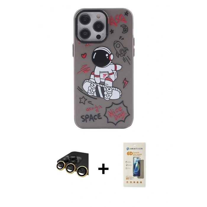 MARSİLYAN™- iPhone 14 Pro Max Kılıf Zirve Form Özel Seri - Siyah 6D Mat Seramik Hayalet Nano Ekran Koruyucu + Raze Metal Kamera Lens - GD