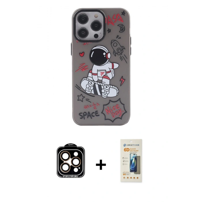 MARSİLYAN™- iPhone 14 Pro Max Kılıf Zirve Form Özel Seri - Siyah 6D Mat Seramik Hayalet Nano Ekran Koruyucu + PVD Metal Kamera Lens - TU