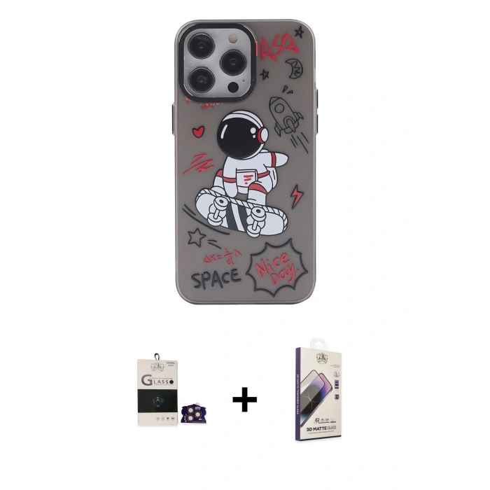 MARSİLYAN™- iPhone 14 Pro Max Kılıf Zirve Form Özel Seri - Siyah Bilvis 3D Mat Cam Ekran Koruyucu + Gold Bilvis Titan Kamera Lens