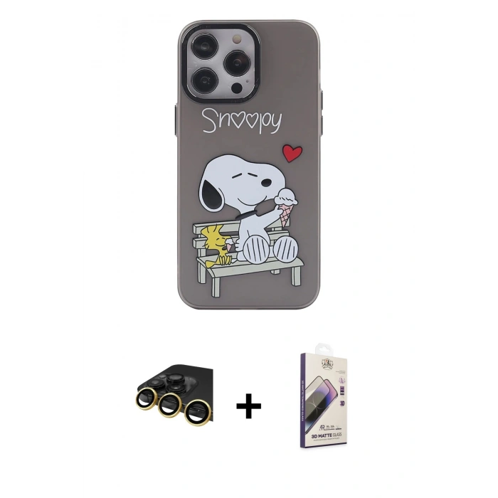 MARSİLYAN™- iPhone 14 Pro Max Kılıf Zirve Form Özel Seri - Siyah Bilvis 3D Mat Cam Ekran Koruyucu + Gold Raze Metal Kamera Lens