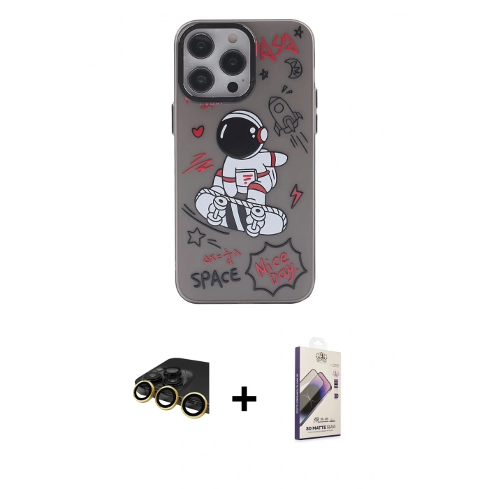 MARSİLYAN™- iPhone 14 Pro Max Kılıf Zirve Form Özel Seri - Siyah Bilvis 3D Mat Cam Ekran Koruyucu + Gold Raze Metal Kamera Lens