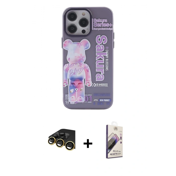MARSİLYAN™- iPhone 14 Pro Max Kılıf Zirve Form Özel Seri - Siyah Bilvis 3D Mat Cam Ekran Koruyucu + Gold Raze Metal Kamera Lens