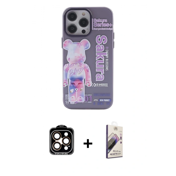 MARSİLYAN™- iPhone 14 Pro Max Kılıf Zirve Form Özel Seri - Siyah Bilvis 3D Mat Cam Ekran Koruyucu + PVD Metal Kamera Lens - TU