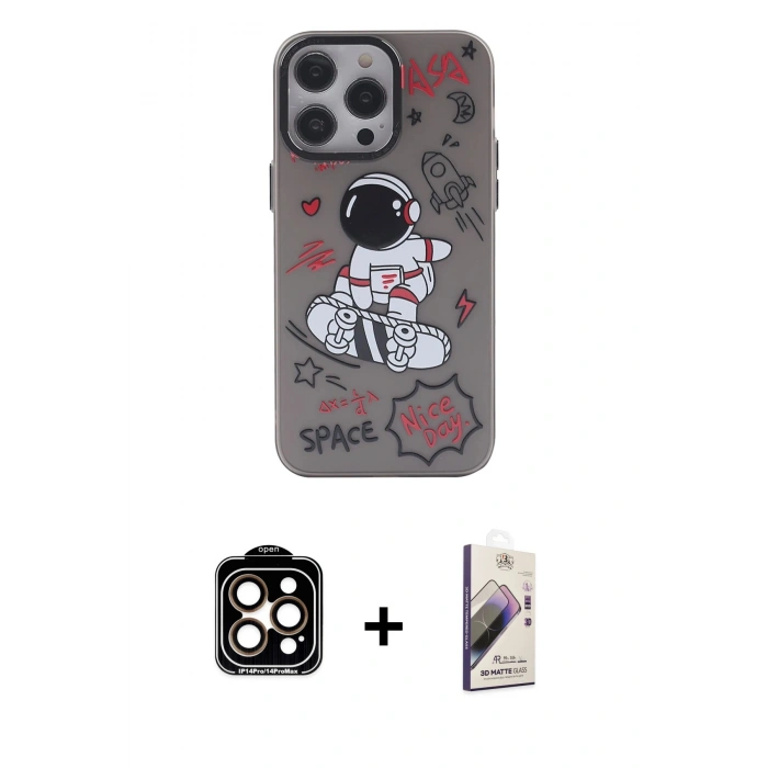 MARSİLYAN™- iPhone 14 Pro Max Kılıf Zirve Form Özel Seri - Siyah Bilvis 3D Mat Cam Ekran Koruyucu + PVD Metal Kamera Lens - TU
