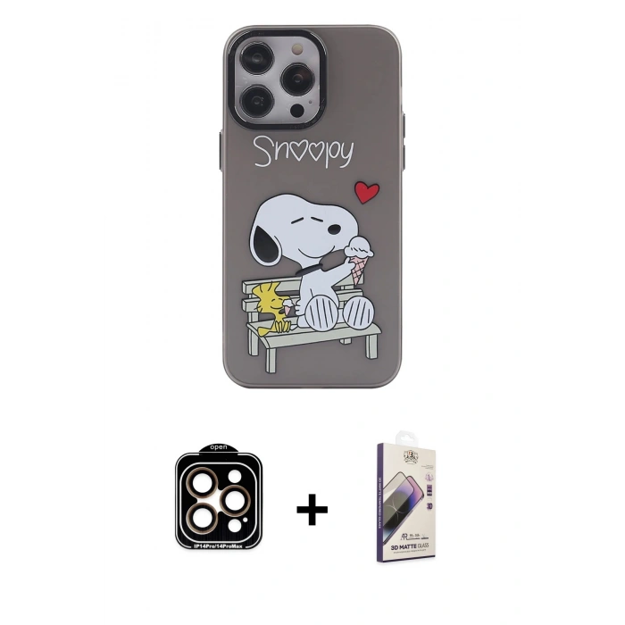 MARSİLYAN™- iPhone 14 Pro Max Kılıf Zirve Form Özel Seri - Siyah Bilvis 3D Mat Cam Ekran Koruyucu + PVD Metal Kamera Lens - TU