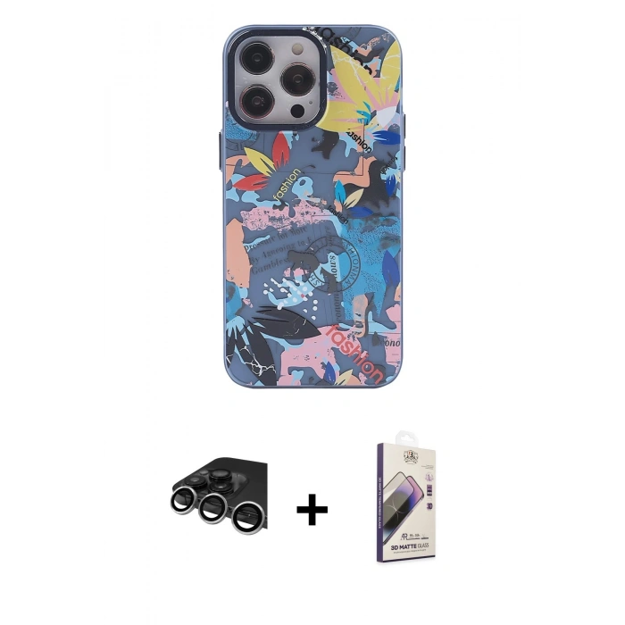 MARSİLYAN™- iPhone 14 Pro Max Kılıf Zirve Form Özel Seri - Siyah Bilvis 3D Mat Cam Ekran Koruyucu + Raze Metal Kamera Lens - GS