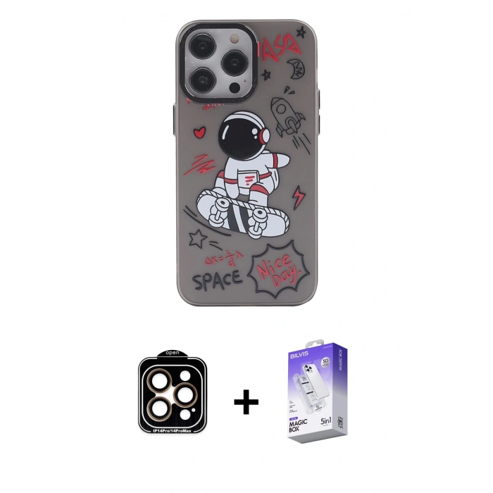 MARSİLYAN™- iPhone 14 Pro Max Kılıf Zirve Form Özel Seri - Siyah Bilvis 5in1 3D Magic Cam Ekran Koruyucu + Turuncu PVD Metal Kamera Lens