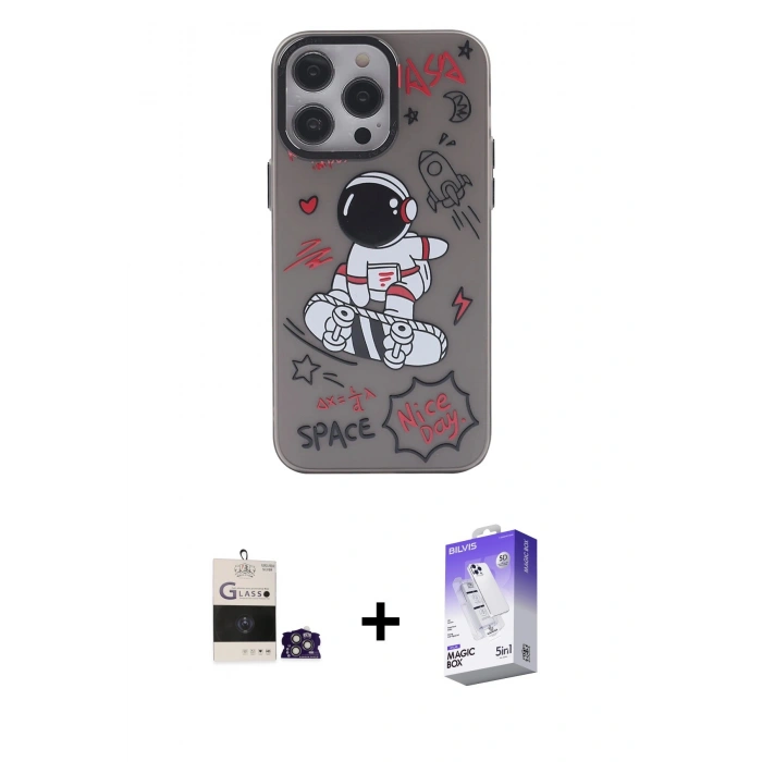 MARSİLYAN™- iPhone 14 Pro Max Kılıf Zirve Form Özel Seri - Siyah Bilvis 5in1 3D Magic Cam Ekran Koruyucu + Gümüş Bilvis Titan Kamera Lens