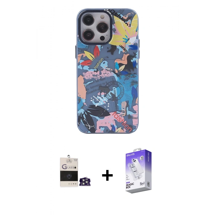 MARSİLYAN™- iPhone 14 Pro Max Kılıf Zirve Form Özel Seri - Siyah Bilvis 5in1 3D Magic Cam Ekran Koruyucu + Gümüş Bilvis Titan Kamera Lens
