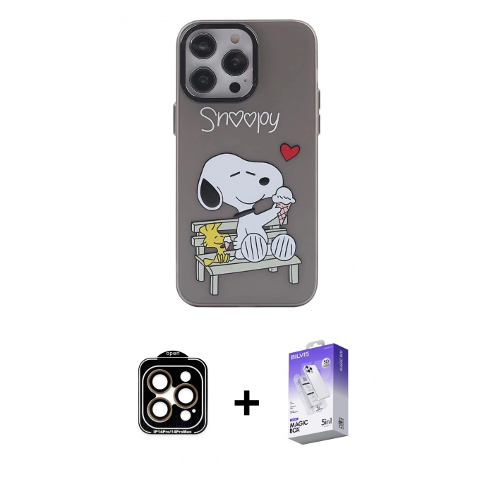 MARSİLYAN™- iPhone 14 Pro Max Kılıf Zirve Form Özel Seri - Siyah Bilvis 5in1 3D Magic Cam Ekran Koruyucu + Turuncu PVD Metal Kamera Lens