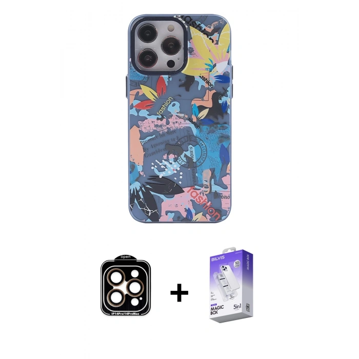 MARSİLYAN™- iPhone 14 Pro Max Kılıf Zirve Form Özel Seri - Siyah Bilvis 5in1 3D Magic Cam Ekran Koruyucu + PVD Metal Kamera Lens - TU