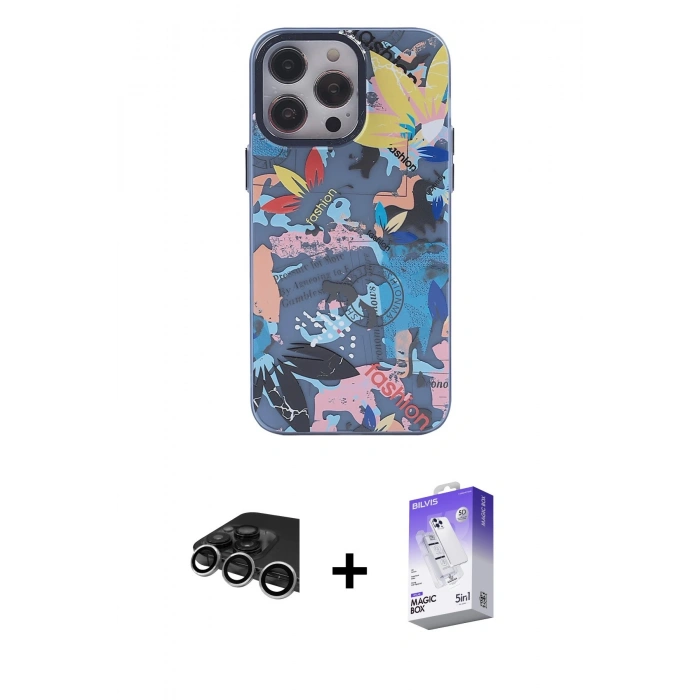 MARSİLYAN™- iPhone 14 Pro Max Kılıf Zirve Form Özel Seri - Siyah Bilvis 5in1 3D Magic Cam Ekran Koruyucu + Raze Metal Kamera Lens - GS