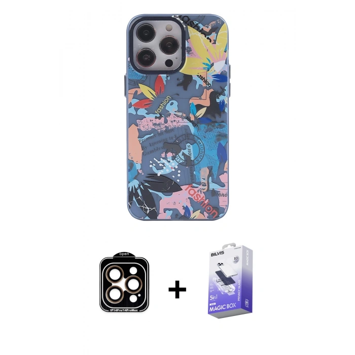 MARSİLYAN™- iPhone 14 Pro Max Kılıf Zirve Form Özel Seri - Siyah Bilvis 5in1 5D Magic Hayalet Cam Ekran Koruyucu + PVD Metal Kamera Lens - TU
