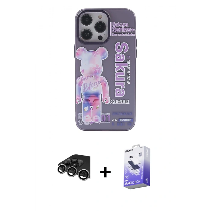 MARSİLYAN™- iPhone 14 Pro Max Kılıf Zirve Form Özel Seri - Siyah Bilvis 5in1 5D Magic Hayalet Cam Ekran Koruyucu + Gümüş Raze Metal Kamera Lens
