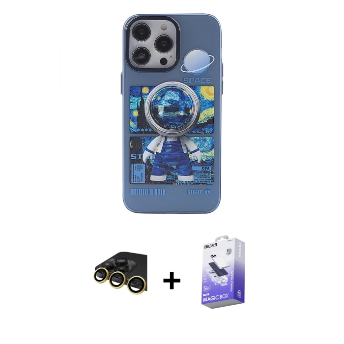 MARSİLYAN™- iPhone 14 Pro Max Kılıf Zirve Form Özel Seri - Siyah Bilvis 5in1 5D Magic Hayalet Cam Ekran Koruyucu + Gold Raze Metal Kamera Lens