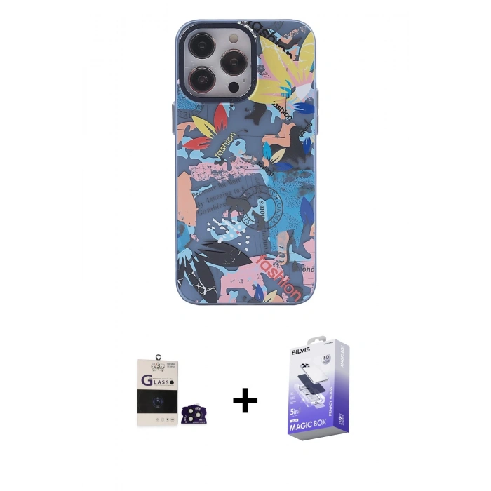 MARSİLYAN™- iPhone 14 Pro Max Kılıf Zirve Form Özel Seri - Siyah Bilvis 5in1 5D Magic Hayalet Cam Ekran Koruyucu + Bilvis Titan Kamera Lens - DNMR