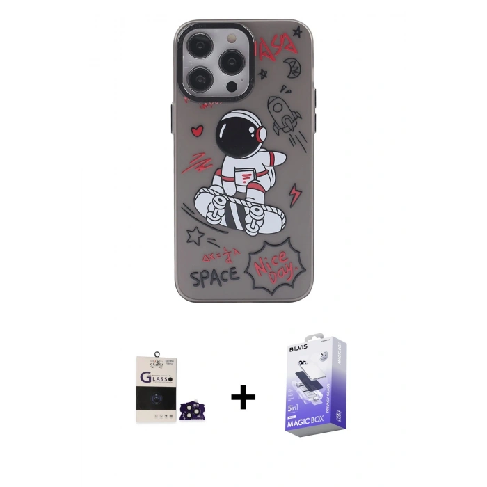 MARSİLYAN™- iPhone 14 Pro Max Kılıf Zirve Form Özel Seri - Siyah Bilvis 5in1 5D Magic Hayalet Cam Ekran Koruyucu + Bilvis Titan Kamera Lens - DNMR