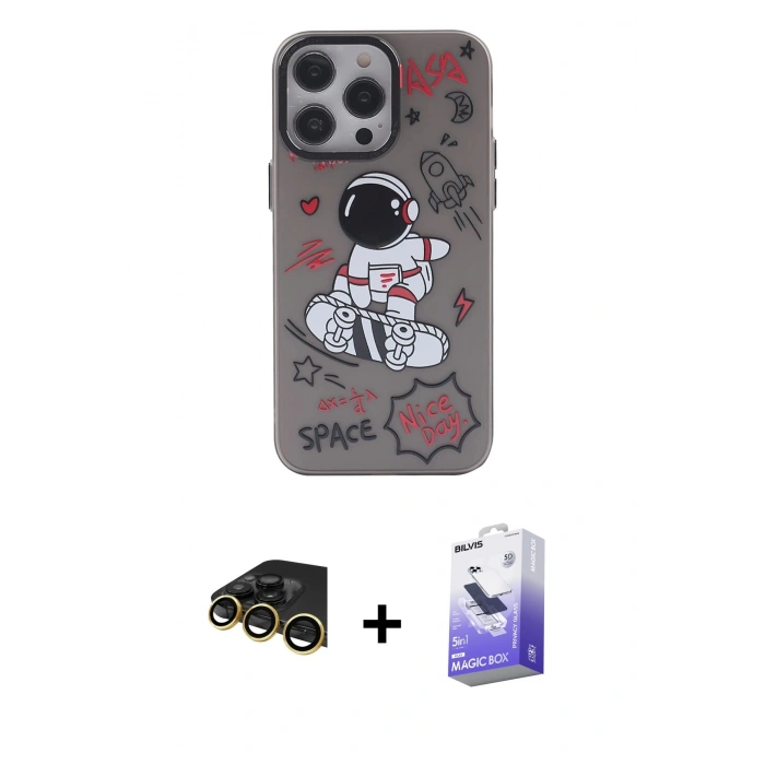 MARSİLYAN™- iPhone 14 Pro Max Kılıf Zirve Form Özel Seri - Siyah Bilvis 5in1 5D Magic Hayalet Cam Ekran Koruyucu + Gold Raze Metal Kamera Lens