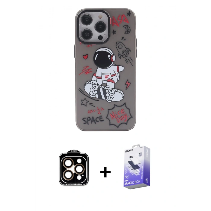 MARSİLYAN™- iPhone 14 Pro Max Kılıf Zirve Form Özel Seri - Siyah Bilvis 5in1 5D Magic Hayalet Cam Ekran Koruyucu + PVD Metal Kamera Lens - TU