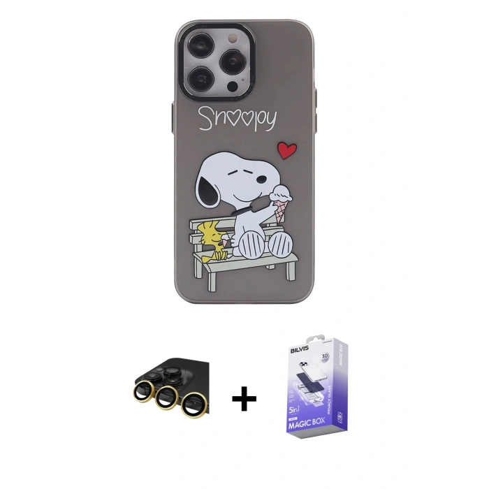 MARSİLYAN™- iPhone 14 Pro Max Kılıf Zirve Form Özel Seri - Siyah Bilvis 5in1 5D Magic Hayalet Cam Ekran Koruyucu + Gold Raze Metal Kamera Lens