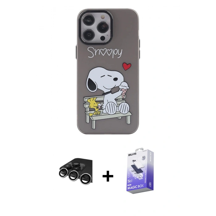 MARSİLYAN™- iPhone 14 Pro Max Kılıf Zirve Form Özel Seri - Siyah Bilvis 5in1 5D Magic Hayalet Cam Ekran Koruyucu + Gümüş Raze Metal Kamera Lens