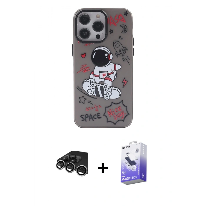 MARSİLYAN™- iPhone 14 Pro Max Kılıf Zirve Form Özel Seri - Siyah Bilvis 5in1 5D Magic Hayalet Cam Ekran Koruyucu + Gümüş Raze Metal Kamera Lens