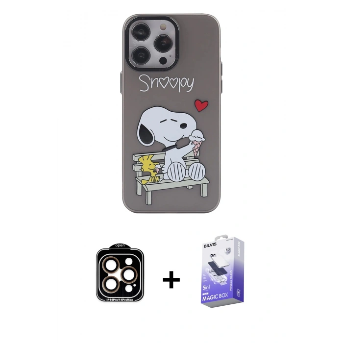 MARSİLYAN™- iPhone 14 Pro Max Kılıf Zirve Form Özel Seri - Siyah Bilvis 5in1 5D Magic Hayalet Cam Ekran Koruyucu + PVD Metal Kamera Lens - TU