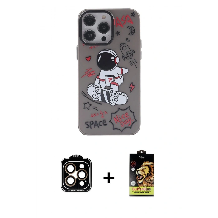 MARSİLYAN™- iPhone 14 Pro Max Kılıf Zirve Form Özel Seri - Siyah Buffer Cam Ekran Koruyucu + PVD Metal Kamera Lens - TU