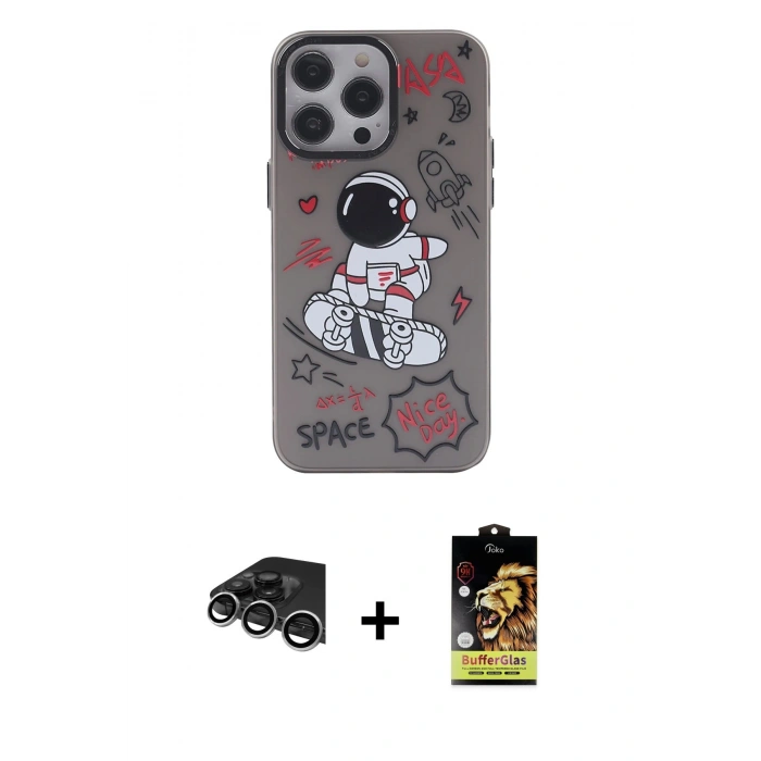 MARSİLYAN™- iPhone 14 Pro Max Kılıf Zirve Form Özel Seri - Siyah Buffer Cam Ekran Koruyucu + Raze Metal Kamera Lens - GS