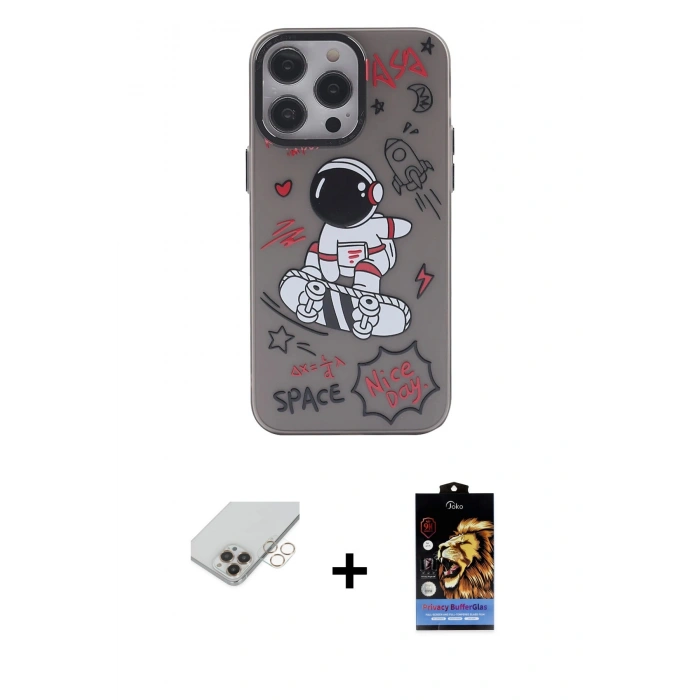 MARSİLYAN™- iPhone 14 Pro Max Kılıf Zirve Form Özel Seri - Siyah Buffer Hayalet Cam Ekran Koruyucu + Band Metal Kamera Lens - GD
