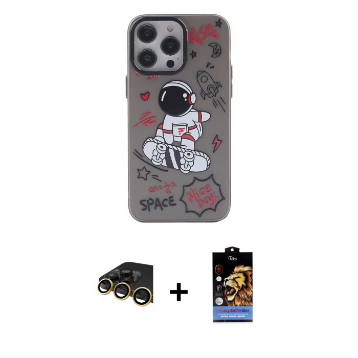 MARSİLYAN™- iPhone 14 Pro Max Kılıf Zirve Form Özel Seri - Siyah Buffer Hayalet Cam Ekran Koruyucu + Gold Raze Metal Kamera Lens