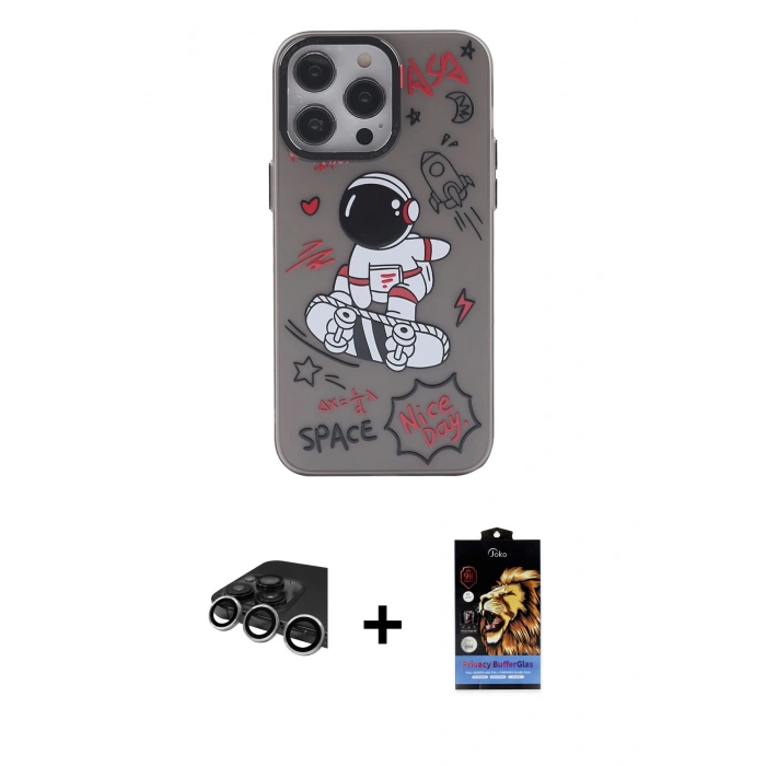 MARSİLYAN™- iPhone 14 Pro Max Kılıf Zirve Form Özel Seri - Siyah Buffer Hayalet Cam Ekran Koruyucu + Raze Metal Kamera Lens - GS