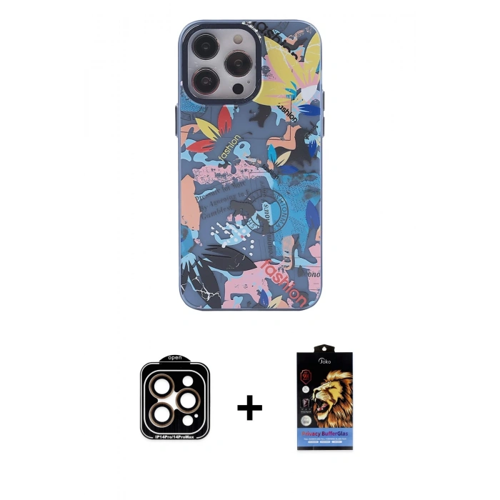 MARSİLYAN™- iPhone 14 Pro Max Kılıf Zirve Form Özel Seri - Siyah Buffer Hayalet Cam Ekran Koruyucu + PVD Metal Kamera Lens - TU