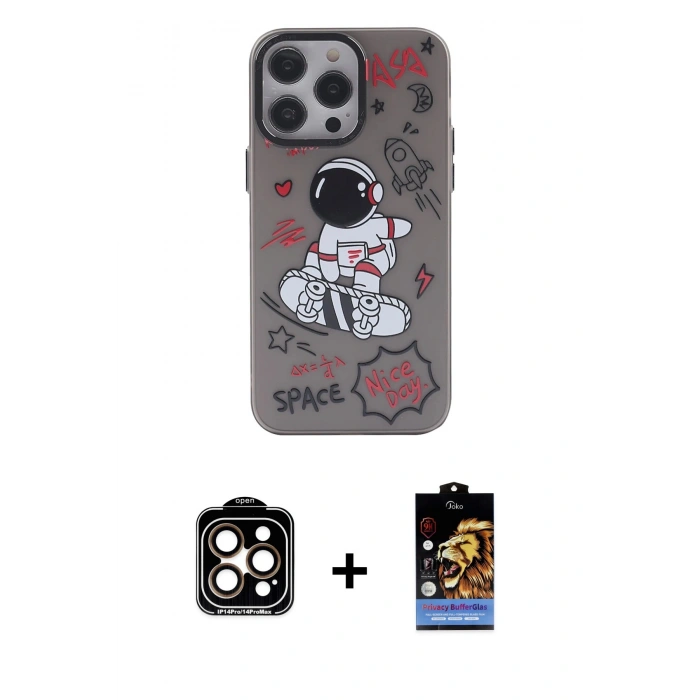 MARSİLYAN™- iPhone 14 Pro Max Kılıf Zirve Form Özel Seri - Siyah Buffer Hayalet Cam Ekran Koruyucu + PVD Metal Kamera Lens - TU