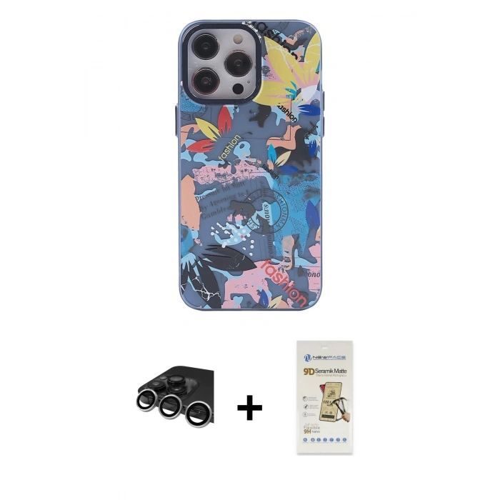 MARSİLYAN™- iPhone 14 Pro Max Kılıf Zirve Form Özel Seri - Siyah Mat Seramik Nano Ekran Koruyucu + Raze Metal Kamera Lens - GS