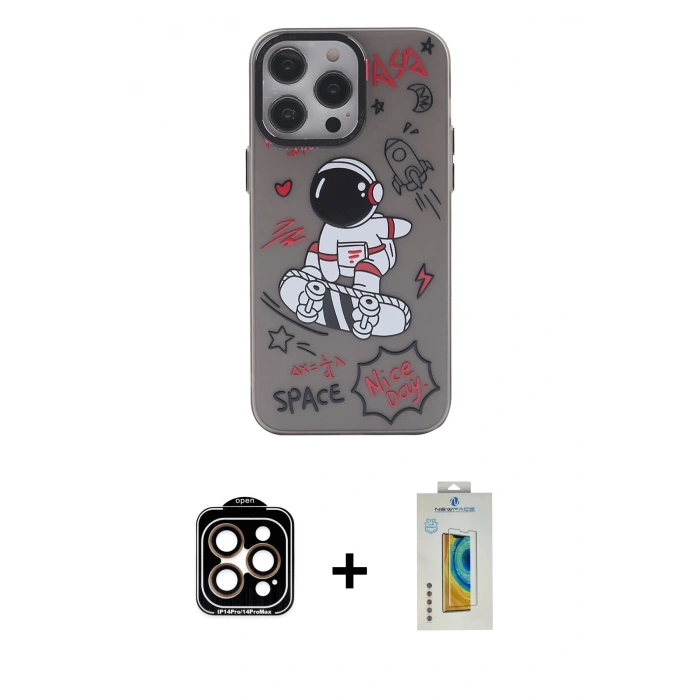 MARSİLYAN™- iPhone 14 Pro Max Kılıf Zirve Form Özel Seri - Siyah Polymer Nano Ekran Koruyucu + Turuncu PVD Metal Kamera Lens
