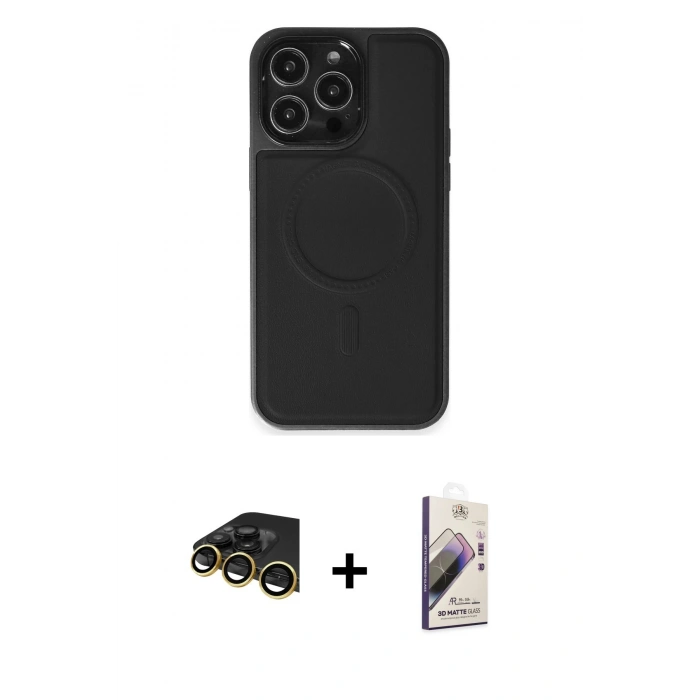 MARSİLYAN™- iPhone 14 Pro Max Kılıf Zirve Işık Serisi - Siyah Bilvis 3D Mat Cam Ekran Koruyucu + Raze Metal Kamera Lens - GD