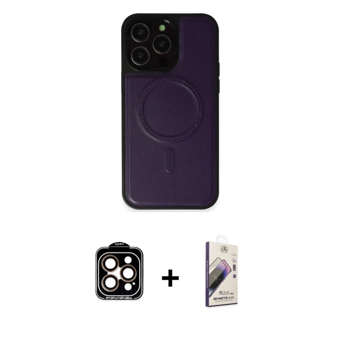 MARSİLYAN™- iPhone 14 Pro Max Kılıf Zirve Işık Serisi - Siyah Bilvis 3D Mat Cam Ekran Koruyucu + PVD Metal Kamera Lens - TU