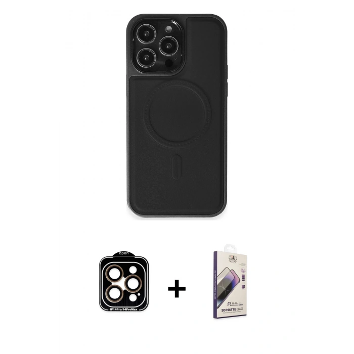 MARSİLYAN™- iPhone 14 Pro Max Kılıf Zirve Işık Serisi - Siyah Bilvis 3D Mat Cam Ekran Koruyucu + PVD Metal Kamera Lens - TU