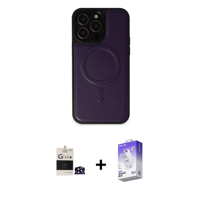 MARSİLYAN™- iPhone 14 Pro Max Kılıf Zirve Işık Serisi - Siyah Bilvis 5in1 3D Magic Cam Ekran Koruyucu + Derin Mor Bilvis Titan Kamera Lens