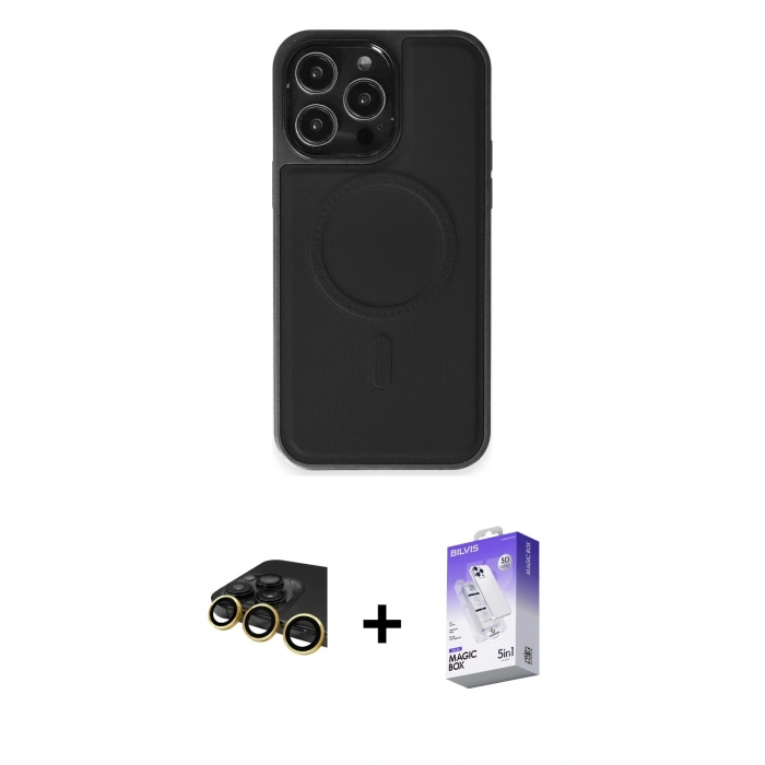 MARSİLYAN™- iPhone 14 Pro Max Kılıf Zirve Işık Serisi - Siyah Bilvis 5in1 3D Magic Cam Ekran Koruyucu + Raze Metal Kamera Lens - GD