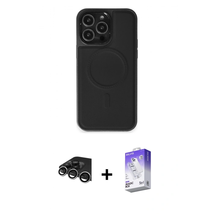MARSİLYAN™- iPhone 14 Pro Max Kılıf Zirve Işık Serisi - Siyah Bilvis 5in1 3D Magic Cam Ekran Koruyucu + Raze Metal Kamera Lens - GS