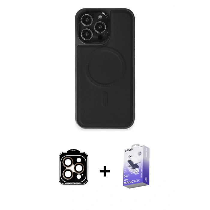 MARSİLYAN™- iPhone 14 Pro Max Kılıf Zirve Işık Serisi - Siyah Bilvis 5in1 5D Magic Hayalet Cam Ekran Koruyucu + PVD Metal Kamera Lens - TU