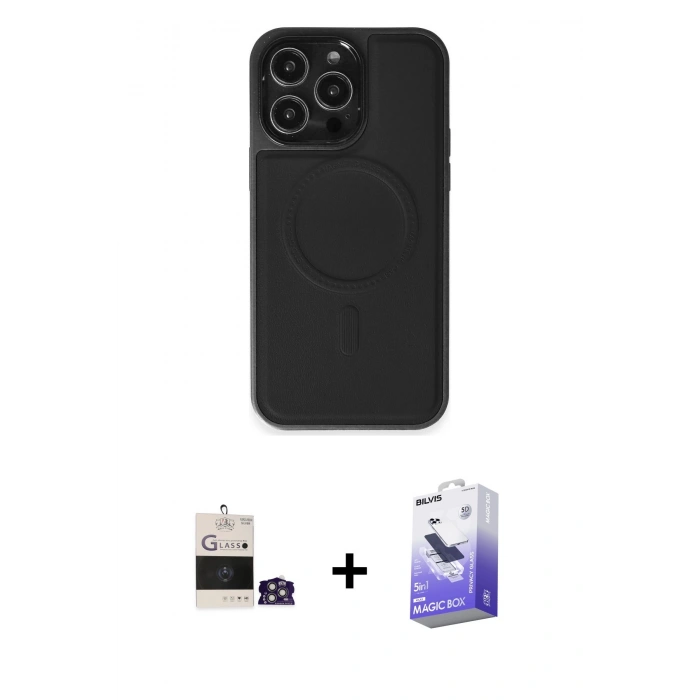 MARSİLYAN™- iPhone 14 Pro Max Kılıf Zirve Işık Serisi - Siyah Bilvis 5in1 5D Magic Hayalet Cam Ekran Koruyucu + Bilvis Titan Kamera Lens - GS