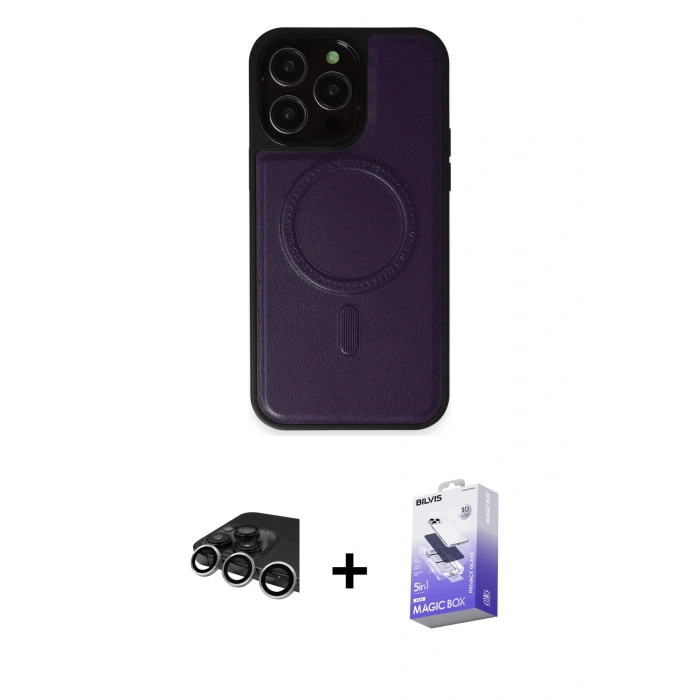 MARSİLYAN™- iPhone 14 Pro Max Kılıf Zirve Işık Serisi - Siyah Bilvis 5in1 5D Magic Hayalet Cam Ekran Koruyucu + Gümüş Raze Metal Kamera Lens