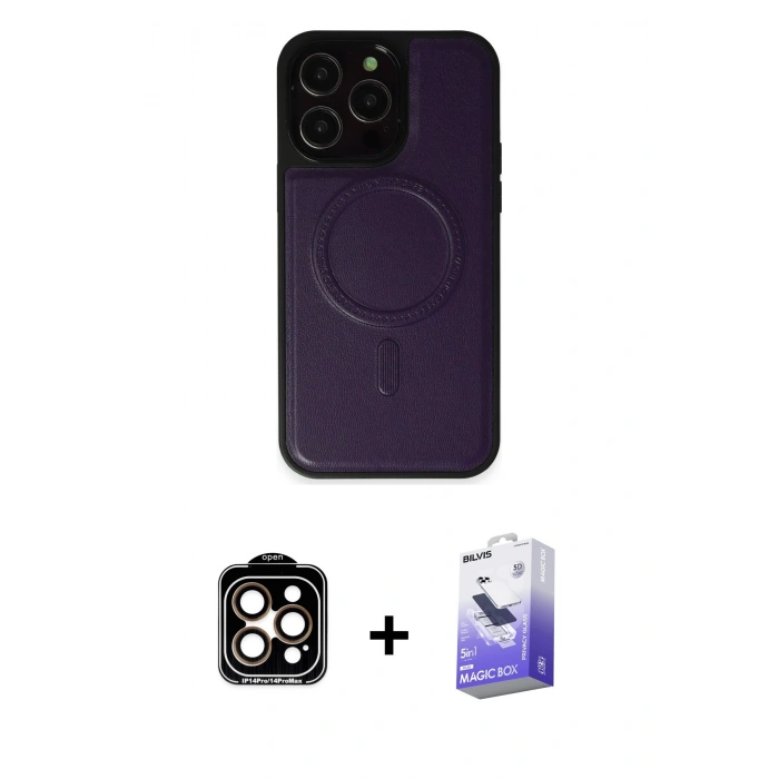 MARSİLYAN™- iPhone 14 Pro Max Kılıf Zirve Işık Serisi - Siyah Bilvis 5in1 5D Magic Hayalet Cam Ekran Koruyucu + PVD Metal Kamera Lens - TU