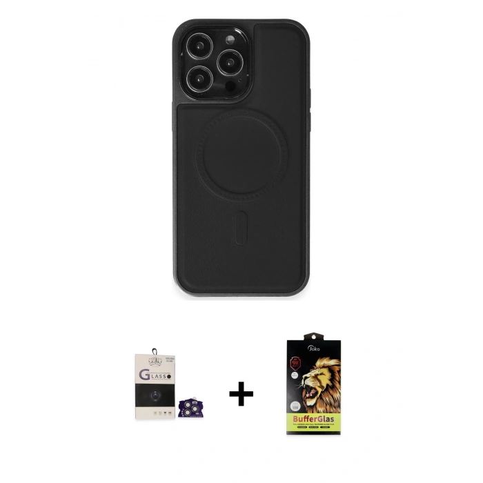 MARSİLYAN™- iPhone 14 Pro Max Kılıf Zirve Işık Serisi - Siyah Buffer Cam Ekran Koruyucu + Gümüş Bilvis Titan Kamera Lens