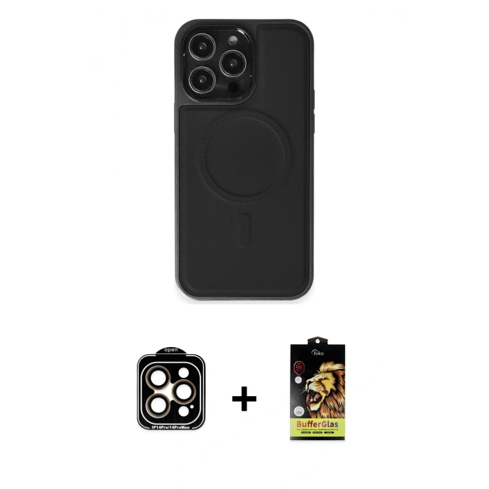 MARSİLYAN™- iPhone 14 Pro Max Kılıf Zirve Işık Serisi - Siyah Buffer Cam Ekran Koruyucu + Turuncu PVD Metal Kamera Lens