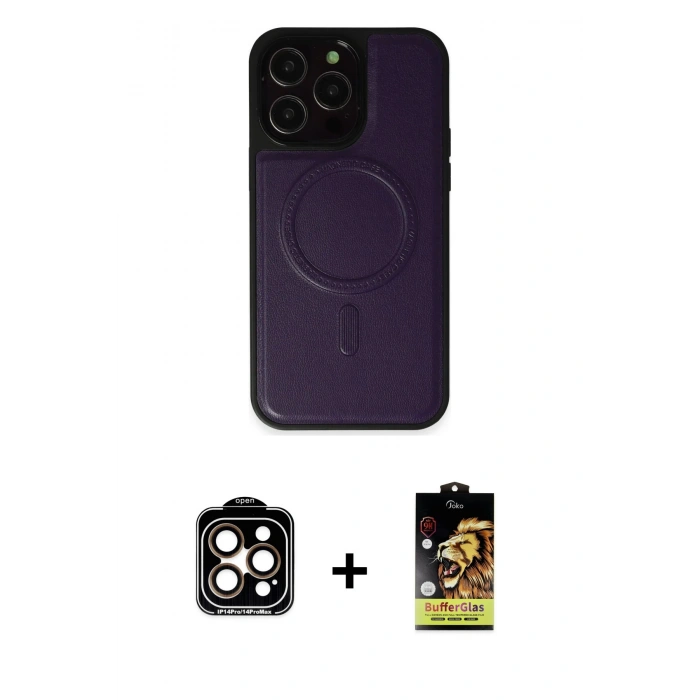 MARSİLYAN™- iPhone 14 Pro Max Kılıf Zirve Işık Serisi - Siyah Buffer Cam Ekran Koruyucu + Turuncu PVD Metal Kamera Lens